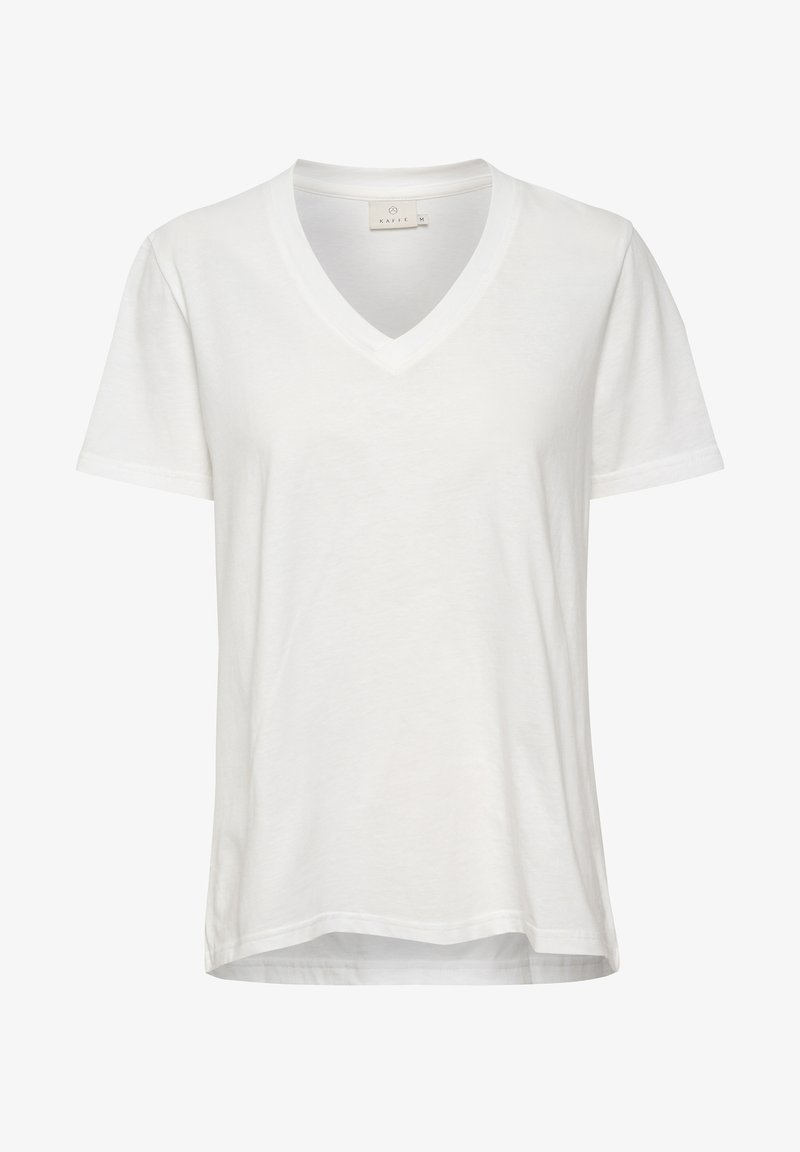 White V-neck t-shirt made of soft cotton, featuring short sleeves and a relaxed fit. Simple design with clean edges and no patterns.
