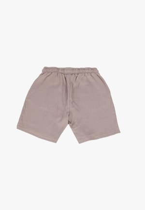Gray, elastic-waist shorts made from soft fabric, featuring a simple design with a ribbed texture and no visible patterns or hardware.