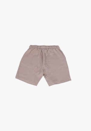 Szare szorty z elastycznym paskiem wykonane z miękkiego materiału, z prostym wzornictwem, ryflowaną fakturą i bez widocznych wzorów czy elementów metalowych.