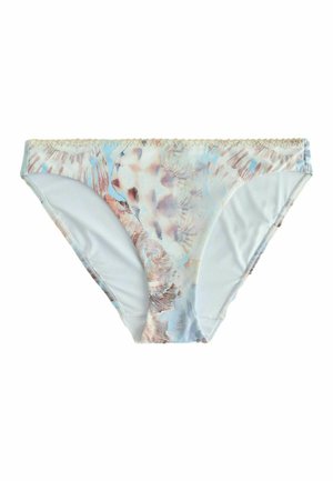 Slipii de bikini pentru femei, cu model abstract pastelat de frunze și forme învolburate în nuanțe de albastru deschis, bej și maro, având un margine superioară decorativă.