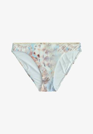 Slipii de bikini pentru femei, cu model abstract pastelat de frunze și forme învolburate în nuanțe de albastru deschis, bej și maro, având un margine superioară decorativă.