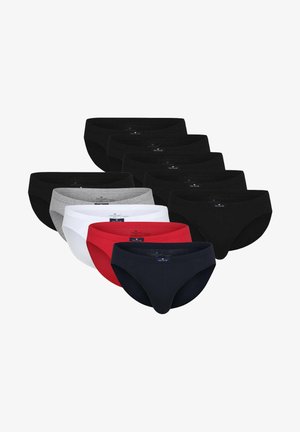 Zehn Herren-Slips in Schwarz, Grau, Weiß, Rot und Marineblau, angeordnet in drei Reihen vor weißem Hintergrund.