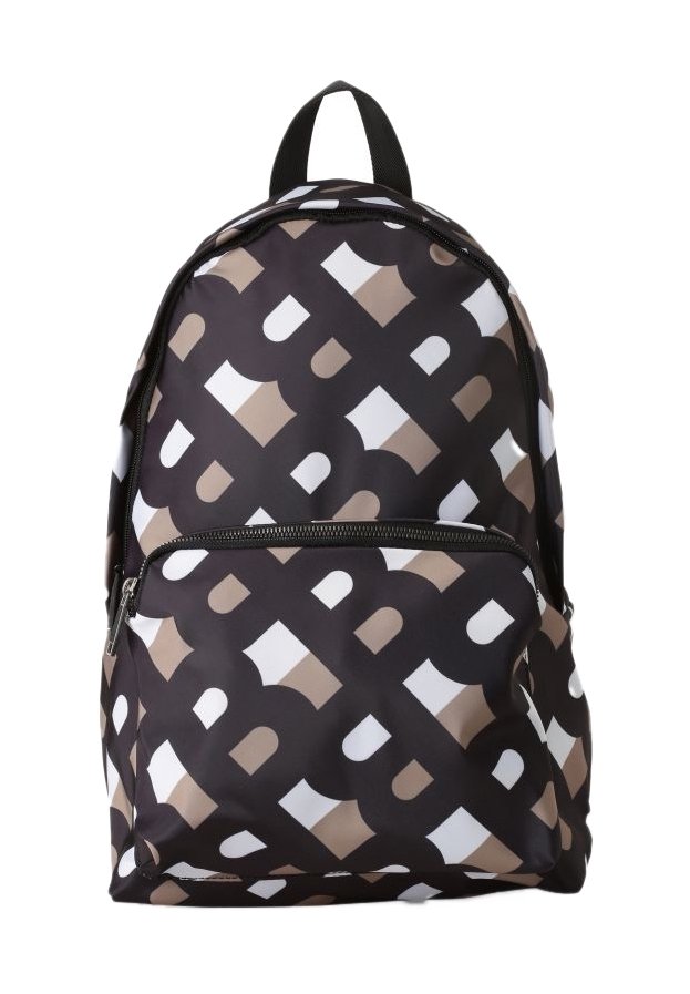 Sac à dos noir avec un motif géométrique beige et blanc, doté d'une poche avant zippée et de bretelles réglables. Texture lisse.