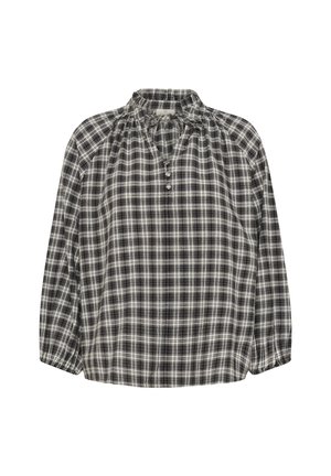 Blouse à carreaux avec un col haut, des manches longues et une fermeture à boutons. Présente un motif à carreaux noir, blanc et gris sur un tissu léger.