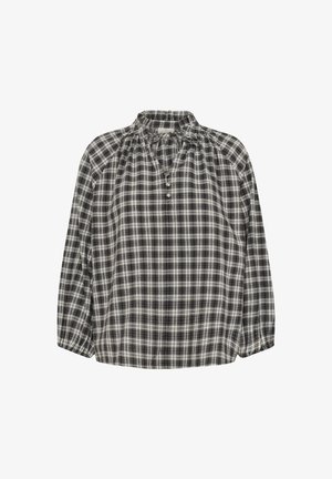 Rutigt blus med hög krage, långa ärmar och knappstängning. Har ett mönster i svart, vitt och grått på ett lätt tyg.