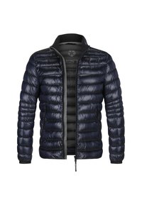 Polsternde marineblaue Jacke mit glänzender Oberfläche, mit Reißverschluss vorne, Stehkragen und schwarzem Innenfutter. Enthält elastische Bündchen und seitliche Taschen.