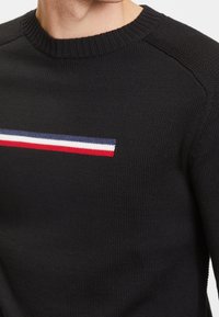 Schwarzer Strickpullover mit horizontalem Streifenmuster in Rot, Weiß und Blau über der Brust. Rundhalsausschnitt und strukturierter Stoff.