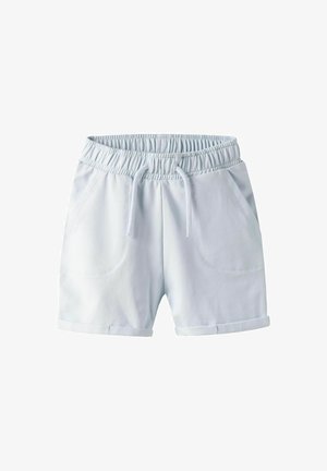 Light blue cotton shorts with an elastic waistband, adjustable drawstring, two front pockets, and rolled cuffs. Soft texture, casual design.