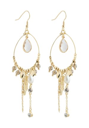 Gold hoop earrings with a teardrop stone, pearl, and dangling accents, featuring varied textures and shimmering details.