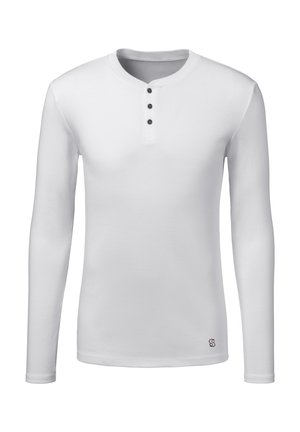 Weißes Langarm-Henley-Shirt mit drei schwarzen Knöpfen an der Vorderseite und einem kleinen Logo nahe dem unteren Saum.