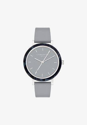 Orologio con cinturino in silicone grigio, quadrante rotondo grigio, dettagli argentati e una ghiera marmorizzata nera; design minimalista senza indicatori numerici.