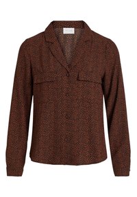 Brun skjorta med knappar och långa ärmar, med ett subtilt mönster av orange prickar, två bröstfickor och krage. Mjuk textur.