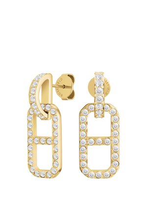 Pendientes de tono dorado con un diseño geométrico de formas rectangulares, adornados con piedras preciosas claras a lo largo de los bordes para añadir brillo.