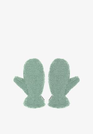 Grüne Fleece-Handschuhe mit einer weichen, strukturierten Oberfläche und abgerundeten Spitzen, ausgestattet mit einem Bündchen am Handgelenk und einem Markenetikett an der Seite.