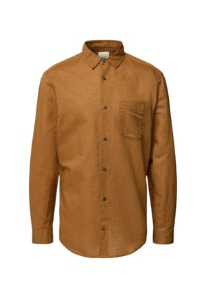 Camicia marrone a maniche lunghe in un tessuto testurizzato, con colletto button-down, taschino frontale e bottoni neri. Design regular-fit.