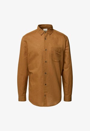 Camicia marrone a maniche lunghe in un tessuto testurizzato, con colletto button-down, taschino frontale e bottoni neri. Design regular-fit.