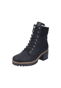 Black leather ankle boot with laces, padded collar, and textured finish. Features a block heel and rubber sole with tread for grip.