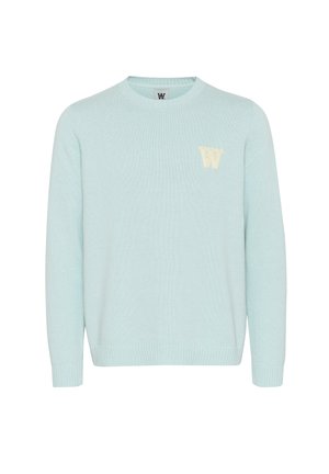 Pull bleu clair en tricot texturé, avec un col rond et une petite lettre "W" crème sur la poitrine.
