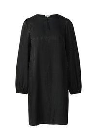 Schwarzes Kleid mit rundem Ausschnitt, langen Puffärmeln und einer strukturierten Oberfläche mit dezenten wellenförmigen Mustern. Glatter Stoffabschluss.