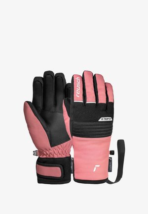 Guanti rosa e neri con presa strutturata, polsini elastici e cinturini regolabili sui polsi. Etichetta R-TEX XT visibile nella parte superiore.