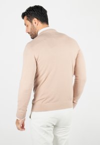 Pull léger beige à col rond en tissu doux, avec des manches longues et une silhouette ajustée. La vue arrière révèle une texture lisse et un minimum de détails.
