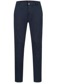 Pantalon bleu marine à coupe ajustée, fabriqué en tissu lisse avec un devant plat, une fermeture à bouton et des passants de ceinture standard.