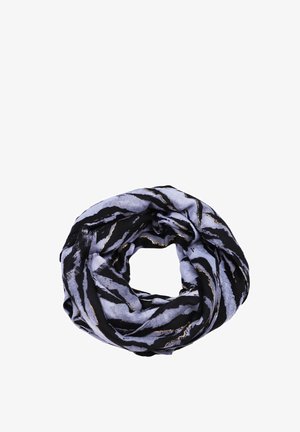 Sciarpa rotonda realizzata in un tessuto leggero, con un motivo a strisce di tigre nero e azzurro chiaro, arricchita da dettagli metallici dorati.