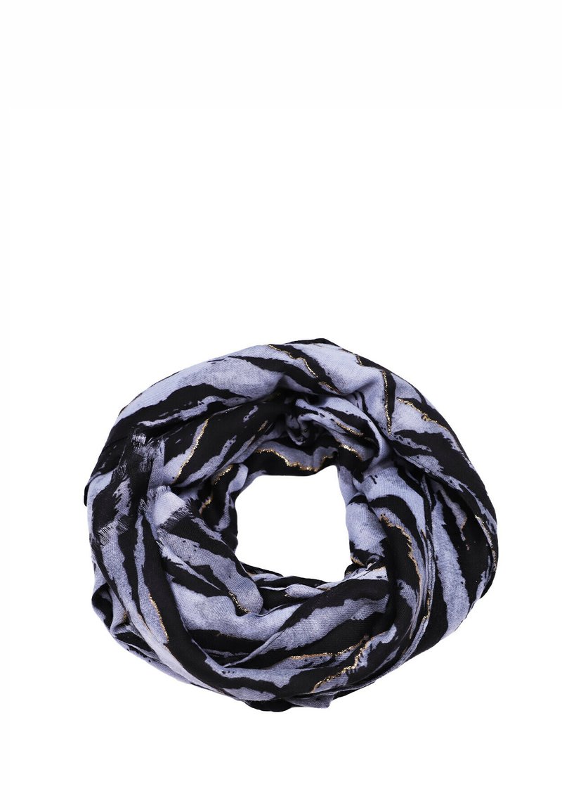 Sciarpa rotonda realizzata in un tessuto leggero, con un motivo a strisce di tigre nero e azzurro chiaro, arricchita da dettagli metallici dorati.