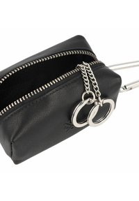 Black leather zippered pouch featuring silver hardware, dual circular rings, and a textured surface for grip. Compact and rectangular design.
