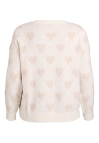 Balts džemperis ar fakturētām bēšām sirdīm, izgatavots no mīksta trikotāžas materiāla, apaļš kakls un ribota aproce un apakša. Attēlots no aizmugures.