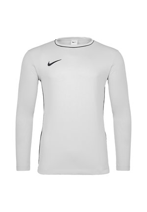 Hvid atletisk langærmet trøje med sort Nike-logo på højre bryst og tynd sort kant langs kraven og siderne.