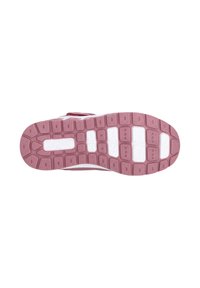 Schuhsohle aus pinkem Gummi mit weißen Profilmustern. Verfügt über abgerundete Formen und ein Zickzack-Logo in der Mitte. Robustes und strukturiertes Design.