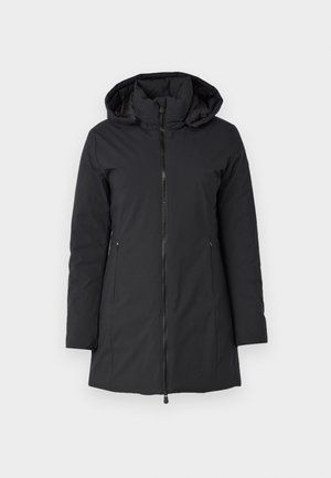 Manteau d'hiver noir à capuche avec une fermeture éclair à l'avant, des manches longues et des poches latérales. Matière lisse et imperméable avec un intérieur légèrement rembourré.