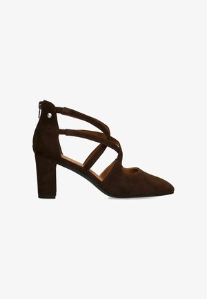 Dark brown suede mid-heel shoe with pointed toe, crisscross straps, and a zipper at the back for closure.