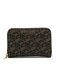 Portafoglio nero con motivo geometrico in tonalità di marrone e oro. Presenta una chiusura con zip e un accento del logo in tonalità dorata sul fronte.