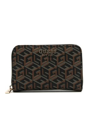Portafoglio nero con motivo geometrico in tonalità di marrone e oro. Presenta una chiusura con zip e un accento del logo in tonalità dorata sul fronte.