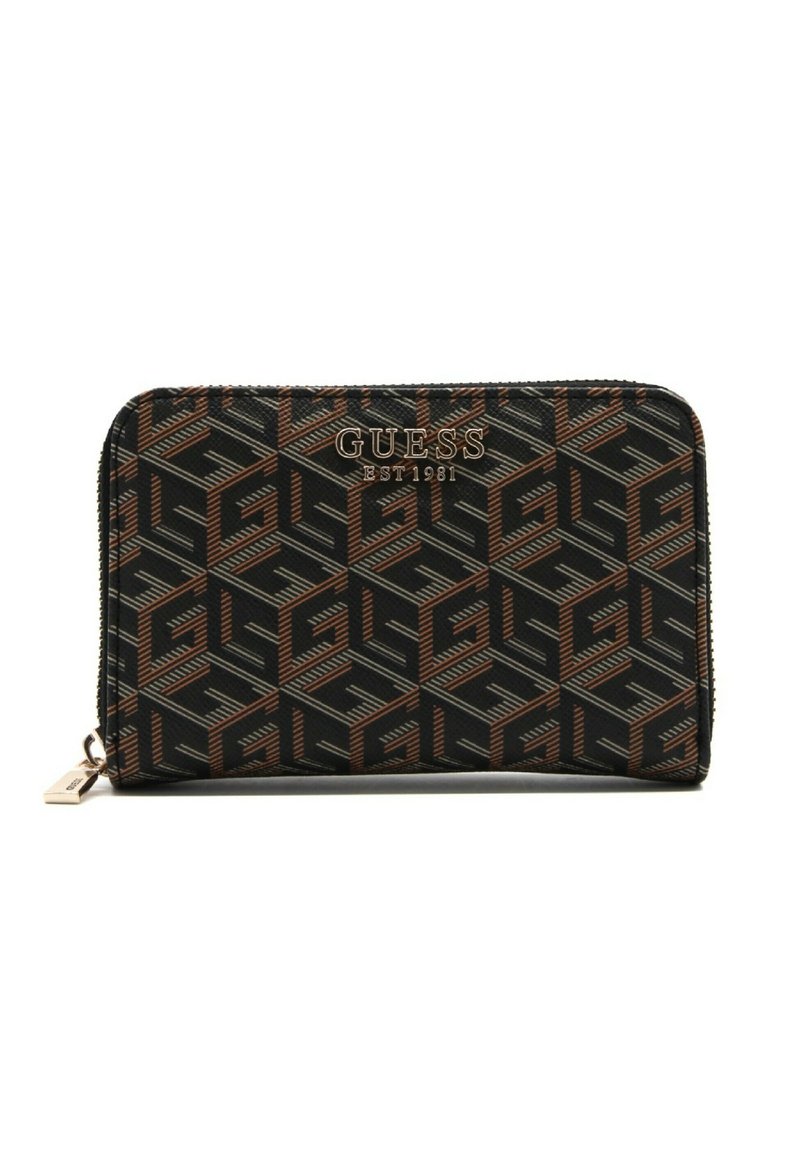 Portafoglio nero con motivo geometrico in tonalità di marrone e oro. Presenta una chiusura con zip e un accento del logo in tonalità dorata sul fronte.