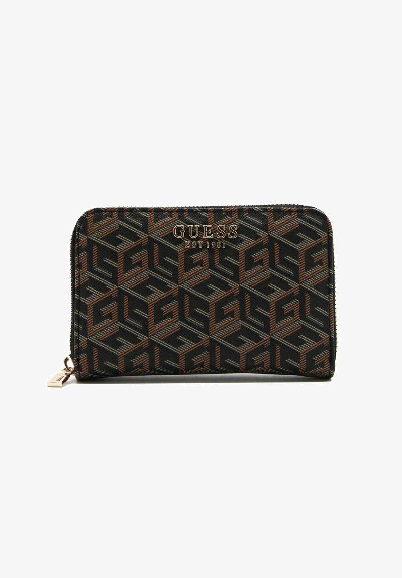 Portafoglio nero con motivo geometrico in tonalità di marrone e oro. Presenta una chiusura con zip e un accento del logo in tonalità dorata sul fronte.