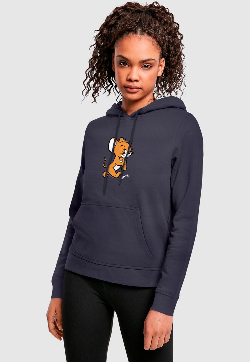 Donkerblauwe hoodie van een zachte stof met een voorzak en een illustratie van een cartoon oranje kat met een hoofdtelefoon.