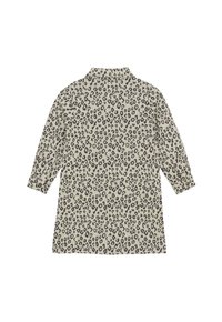 Langsleeve shirt met een kraag, in een beige en zwart luipaardprintpatroon, gezien vanaf de achterkant.