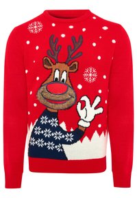 Pull en maille rouge avec un renne de dessin animé aux cornes, un motif de flocon de neige et une section inférieure bleue, accentué de blanc et de navy.