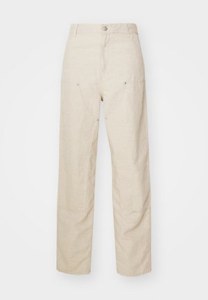 Beige Leinenhosen mit einer lässigen Passform, seitlichen Taschen und dekorativen Nähdetails, nahtlosem Bund und geraden Beinen.