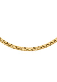 Gouden ketting met in elkaar vergrendelde schakels, met een gladde, gepolijste afwerking en een uniforme, vlakke ontwerp over de gehele lengte.