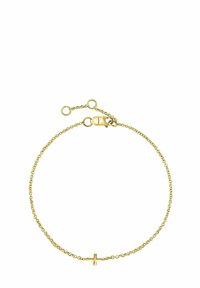 Pulsera de cadena de oro con un pequeño colgante de cruz, con un diseño de eslabones texturizados y un cierre de langosta, de longitud ajustable con múltiples anillos de cierre.