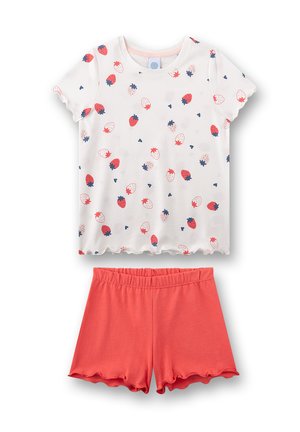 Weißes Kurzarmhemd mit rotem und pinkem Erdbeermuster, kombiniert mit einfarbigen korallfarbenen Shorts mit elastischem Bund, beide mit gewellten Kanten.