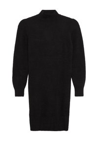 Zwarte gebreide jurk met een hoge hals, lange mouwen en geribde zoom. Zachte, gestructureerde stof met een relaxte pasvorm, tot de knie.