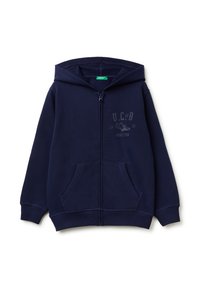 Felpa con zip di colore blu navy realizzata in misto cotone, con tasca anteriore, polsini a costine e una stampa logo discreta sul petto.