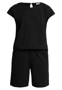 Black short jumpsuit with a round neckline, cap sleeves, and a back keyhole detail. Made of a smooth fabric with an unstructured fit.