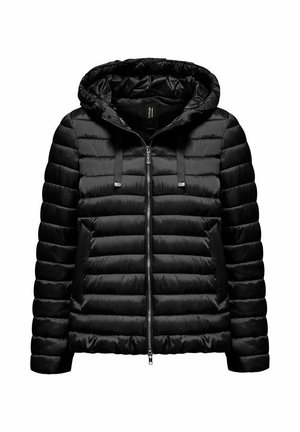 Zwarte doorgestikte jas met capuchon, frontrits en twee zijzakken, ontworpen voor koud weer.