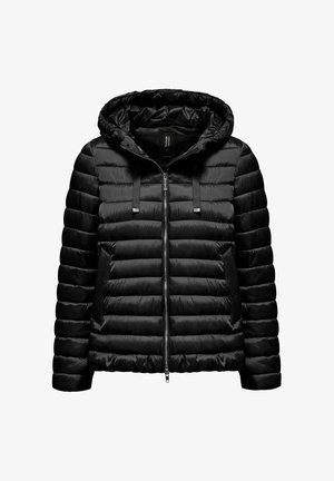 Zwarte doorgestikte jas met capuchon, frontrits en twee zijzakken, ontworpen voor koud weer.